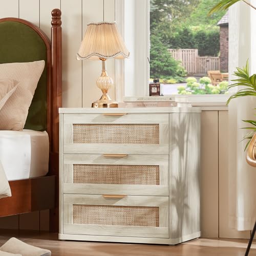 LEYAOYAO Rattan 23" Nightstands with Drawers for Bedroom | Gold Metal Handle, Storage Shelf, Grey White Night Stand, Boho Bedside Table, Bed Side End Tables Living Room, Hallway - color: Grey White, size: 3 Drawers