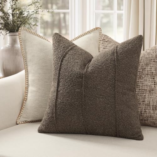 YCOLL Textured Boucle Throw Pillow Covers 12x20 Pack of 2 - Soft Neutral Striped Cushion Covers, Cozy Accent Decorative Pillow Covers for Couch, Sofa, Bed, Living Room (Brown) - color: Brown, size: 20" x 12" (Pack of 2)
