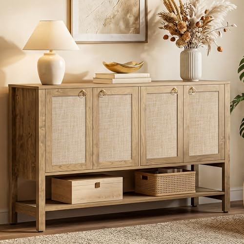 SICOTAS Boho Sideboard Buffet Cabinet with Rattan Doors, Storage Credenza | Large 55" Boho Coffee Bar Cabinet with Open Shelf, Modern Storage Credenza & Console Table for Entryway, Kitchen, Dining Room - color: Carbon Cherry