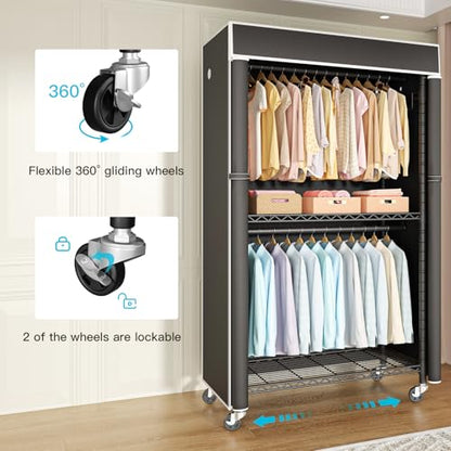 Clothing Rack with Cover, P1C Rolling Closets with Wheels | Metal Garment Rack for Hanging Clothes, Clothing Storage Wardrobe with Cover - color: Black Rack With Black Cover