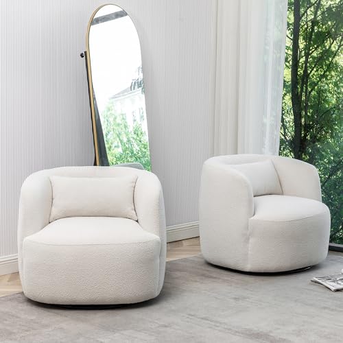 KINWELL 68" Boucle Upholstered Loveseat with 2 Swivel Barrel Chairs, Cream | No Assembly Sherpa Living Room Furniture Sets, 2-Seater Couch Settee and Accent Chairs Armchairs for Small Spaces Apartment - color: Beige, size: Loveseat + 2 Chairs