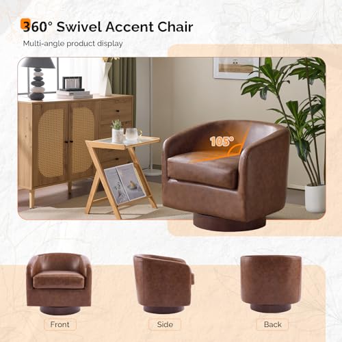 VINGLI 360°Swivel Accent Chairs Set of 2 with Engineered Wood Base and Removable Cushion for Living Room, Bedroom, Curved Back Barrel Chairs for Small Space, Upholstered Bucket Armchairs, Pu-Brown - color: Pu-brown