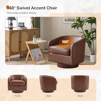 VINGLI 360°Swivel Accent Chairs Set of 2 with Engineered Wood Base and Removable Cushion for Living Room, Bedroom, Curved Back Barrel Chairs for Small Space, Upholstered Bucket Armchairs, Pu-Brown - color: Pu-brown