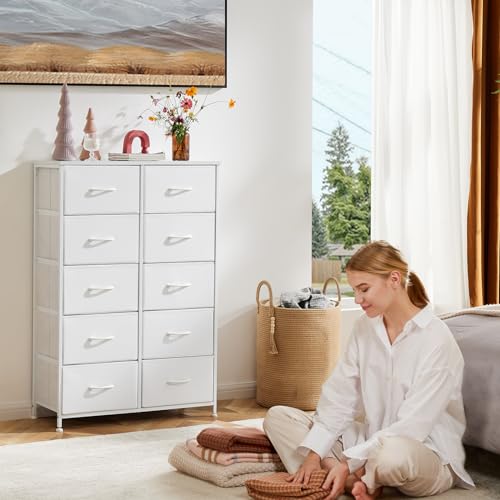 Sweetcrispy 10 Drawer Fabric Dresser Tall Chest Storage Organizer,White | Sturdy metal frame, wood top, Lightweight and space-saving for bedroom, closet, or entryway. Easy to assemble - color: White, size: 31.5"D x 11.8"W x 45.7"H (10 Drawers)