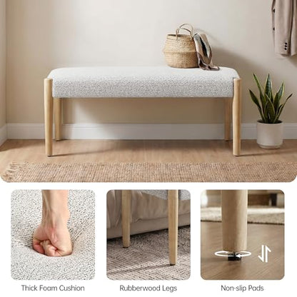 Usaint 42" End of Bed Bench with Wood Legs, Heathered White with Oak Leg | Modern Upholstered Bedroom Bench with Rubberwood Legs, Entryway Bench with Cushion, Dining Bench for Living Room, Bedroom - color: Heathered Off-white With Oak Leg