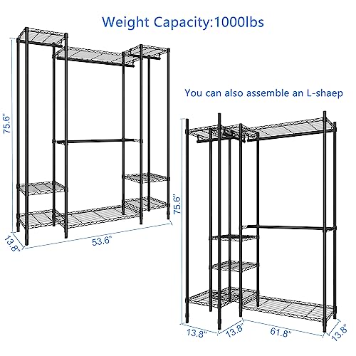 Garment Rack Heavy Duty Clothes Rack for Hanging Clothes,Metal Garment Rack,Freestanding Clothing Rack,Adjustable Custom Closet Rack,54" L x 13.8" W x 75.8" H, Max Load 750LBS,Black