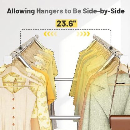 Raybee Heavy Duty Clothes Rack 630 LBS Double Rods Sturdy Shelves & Wheels | Rolling Clothing Rack with 360° Lockable Wheels, Easy Assembly, Portable Adjustable Garment Rack for Home & Commercial - color: Silver