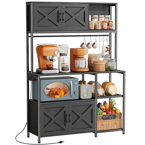 Huuger Large Bakers Rack with Power Outlet, Kitchen Microwave Stand with Cabinets, Coffee Bar Table Station with Storage, 6 S-Shaped Hooks, Mesh Shelves, 45 Inch Wooden Top, Black - color: Black