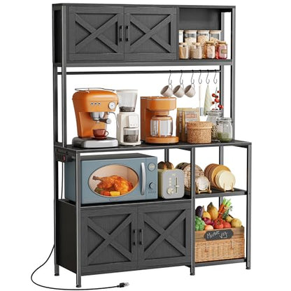 Huuger Large Bakers Rack with Power Outlet, Kitchen Microwave Stand with Cabinets, Coffee Bar Table Station with Storage, 6 S-Shaped Hooks, Mesh Shelves, 45 Inch Wooden Top, Black - color: Black
