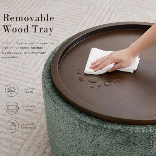 Zihanhome 30" Round Chenille Storage Ottoman Coffee Table with Removable Tray Top, Large Hidden Storage Ottoman, Solid Wood Legs for Living Room, Bedroom, Apartment (Moss Green) - color: Moss Green