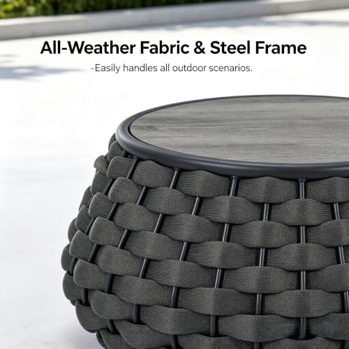 YDcosyfy Large Round Outdoor Side Table, 28 Inches Patio End Table with Removable Wood Top, Outside Coffee Table, All-Weather Metal Frame, Hollow Out Bottom Storage, for Balcony, Porch, Garden, Gray