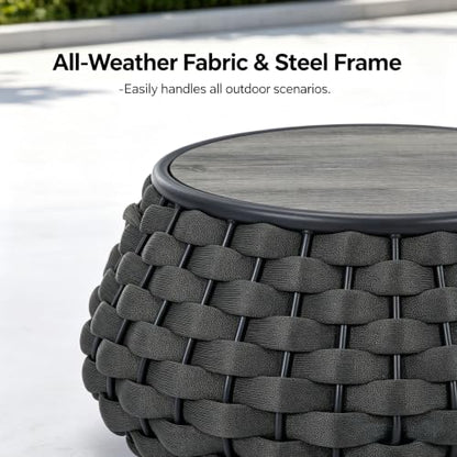 YDcosyfy Large Round Outdoor Side Table, 28 Inches Patio End Table with Removable Wood Top, Outside Coffee Table, All-Weather Metal Frame, Hollow Out Bottom Storage, for Balcony, Porch, Garden, Gray
