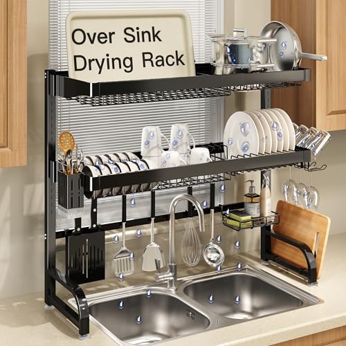 Over The Sink Dish Drying Rack, Extra Large Capacity Dish Drainer | 3 Tier Extra Large All Stainless Steel Expandable Plate Strainers, Rustproof Metal, Counter Space Saving, Modern Black - color: Black, style: Over Sink 3 Tier