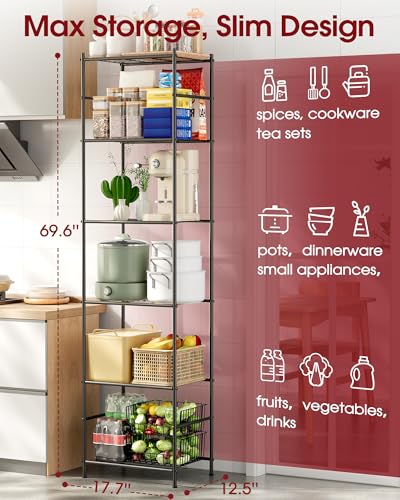 Sakugi 6-Tier Storage Shelves 17.7" x12.5" x69.6" Black | Kitchen, Laundry Room, Garage, Adjustable Feet, Space-Saving, Metal Construction - size: 17.7W x 12.5D x 69.6H(6T)