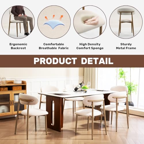 UVV Dining Chairs Set of 4, Metal Kitchen Chairs with Modern Fabric Upholstered for Dining Room, Beige - color: Beige Seat /Wood-grain Metal Legs