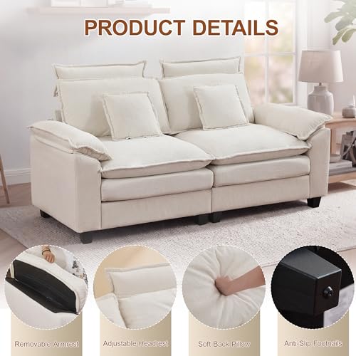 72'' Cloud Deep Seat Loveseat, Modular 2 Seater Sectional Couch with Detachable Headrest, Modern Love Seat Sofas for Living Room, Apartment, Beige - color: Beige, size: Loveseat