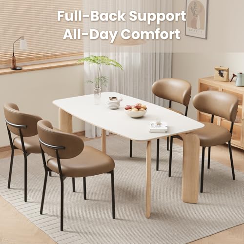 Upholstered Dining Chairs Set of 4, Modern Faux Leather Kitchen Chairs with Curved Backrest and Cushioned Seat, Sturdy Metal Legs, Modern Dining Chairs for Kitchen Dining Room, Living Room,Brown - color: Brown, size: Set of 4