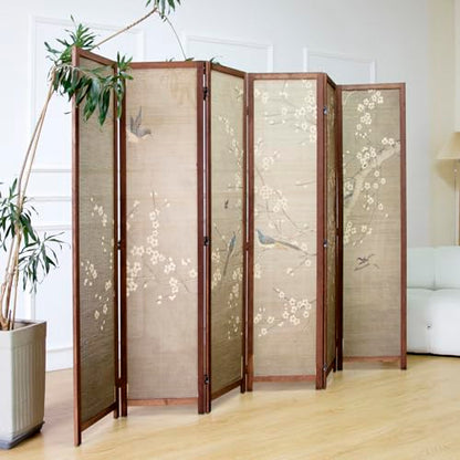 6 Panel Bamboo Room Divider for Room Separation, 5.6 ft Tall Double-Sided Folding Privacy Screen with Premium Thickened Wood Frame, White Plum and Birds (67" H x 94.5" W) - color: Plum and Birds, size: 6 Panel