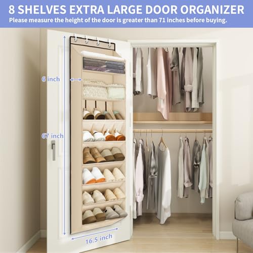1 Pack Over The Door Shoe Organizer, 8 Shelves Hanging Shoe Organizers, | 68" Exlarge Deep Pockets Shoe Rack for Closet, Shoe Holder for Boots, Sneakers, Heels, Over Door Organizer in Home, RV, Beige - color: BEIGE, size: 25+ Pairs