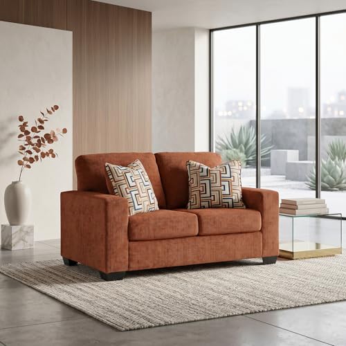 Signature Design by Ashley Loveseat Sofa, Aviemore, Orange Chenille | 32-in doorway clearance, Includes 2 Niko pattern throw pillows, Compact 62-in width, Anti sag platform foundation - color: Spice, style: Loveseat