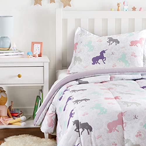 Amazon Basics 2-Piece Soft Easy-Wash Microfiber Kid's Comforter and Pillow Sham Set, Twin, Purple Unicorns, Animal Printed - color: Purple Unicorns, size: Twin