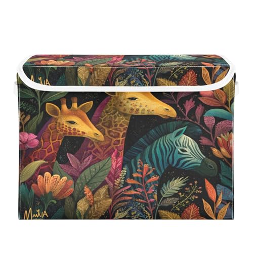 Fantasy Jungle Giraffes Zebra Black Collapsible Storage Bins with Lids Decorative Fabric Cubes Closet Organizer Basket Boxes Containers for Clothes Box Chest Folding Rectangl - color: Fantasy Jungle Giraffes Zebra Black