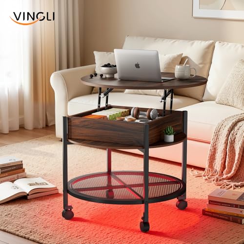 VINGLI 27" Round Lift Top Coffee Table with Wheels & Lights, Walnut | Removable Coffee Table with Hidden Compartment Storage & Metal Shelf, Small Farmhouse Coffee Tables for Living Room, Office - color: Walnut