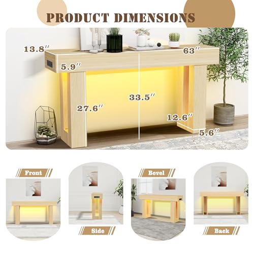 Grepatio 63 Inch Entryway Console Table, Wood Entry way Table with LED Light, Long Console Table with USB Power Outlet, Narrow Sofa Behind Couch Tables for Entrance, Hallway, Living Room (LED Natural) - color: Led Natural