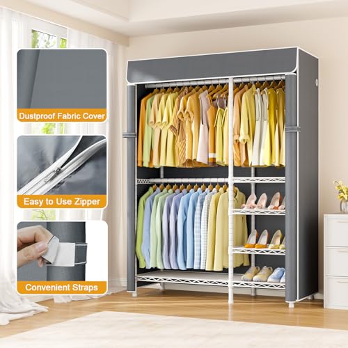 F2C Clothes Rack with Cover, White Closet with Gray Cover | Clothing Racks for Hanging Clothes, Heavy Duty Garment Rack with Shelves, 47.2"W x 16.5"D x 78.3"H, Load 630lbs - color: White Closet with Gray Cover