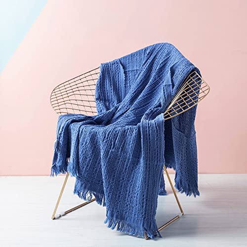 Simple&Opulence 100% Cotton Throw Blanket for Couch, Bed, Waffle Weave Cable Knit Blanket with Tassels, Soft Lightweight Pre-Washed Breathable Cozy Blanket Farmhouse Decoration for All-Season (Blue) - color: Blue