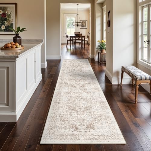 3x12 Washable Hallway Runner Rug: Long Vintage Soft Non Slip Rug IvoryBeige | Pet Friendly Water Resistant Low Pile Design Easy Clean Durable for Entryway Kitchen Living Room and High Traffic Areas - color: Ivory/Beige, size: 3x12