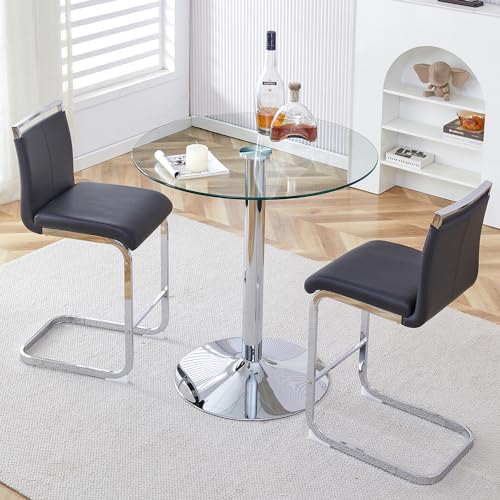 Bar Table and Chairs Set of 2,Round Counter Height Dining Table Set,35” Glass Round Bar Table Set with Black Bar Stools,Sturdy Silver Chrome Base,Small Pub Table Set for Apartment,Kitchen(36"H - color: Silver&black