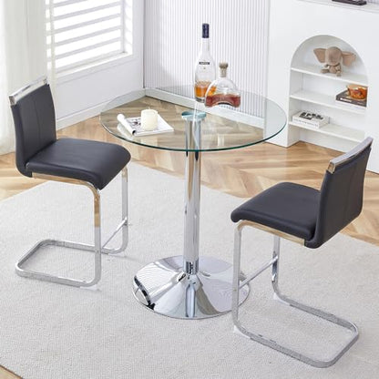 Bar Table and Chairs Set of 2,Round Counter Height Dining Table Set,35” Glass Round Bar Table Set with Black Bar Stools,Sturdy Silver Chrome Base,Small Pub Table Set for Apartment,Kitchen(36"H - color: Silver&black