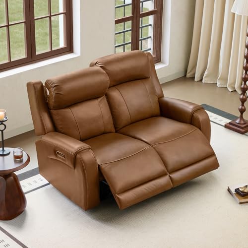 CHITA Genuine Leather Power Recliner Sofa, Loveseat Reclining Sofa, Saddle | Wall Hugger, Genuine Leather, Reclining, Power Headrest, Dual Motor, USB Charging Ports - color: Saddle, size: Loveseat