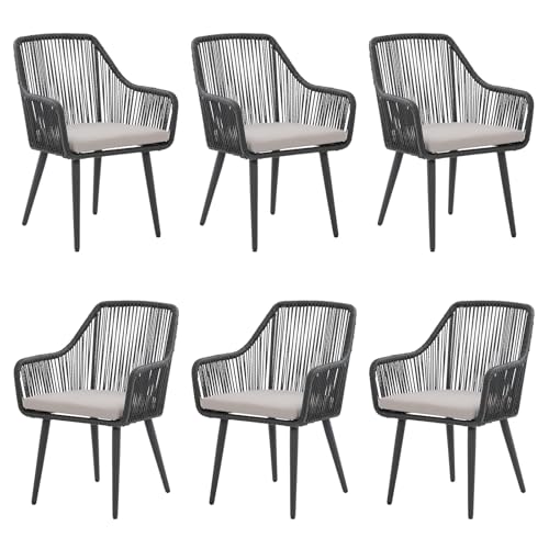 6 PCS Outdoor Dining Chairs, Rattan Patio Chairs with Armrest, Black | All-Weather Woven Rattan & Iron Frame, w/Seat Cushions,350lb Weight Capacity, for Backyard, Poolside, Balcony, Indoor Kitchen - color: Black, size: 6 Pcs-Dining Chairs