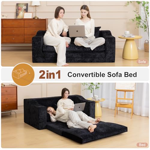 61" Boneless Loveseat Sleeper, Folding Sofa Bed, Diamond Velvet Cover,Black | Memory Foam Pull Out Futon Bed with Removable Washable Cover, Space-Saving Fold Out Couch for Living Room & Guest Room - color: Black