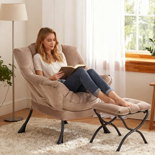 Modern Lazy Chair with Ottoman Lounge Accent Reading Chair for Living Room | Foldable Footstool,Removable Cover,Soft Padded Seat & Backrest,Upholstered Comfy Chair for Bedroom,Dorm,Office,Small Space - color: Velvet Khaki