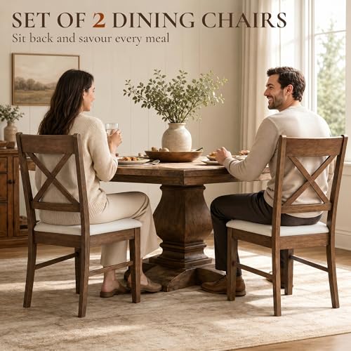 HOMCOM Dining Chairs Set of 2 Upholstered Kitchen Chairs Cross Back Walnut | Rubberwood Frame, Padded Seat, for Living Room, Dining Room, Kitchen - color: Walnut, style: Cross Back