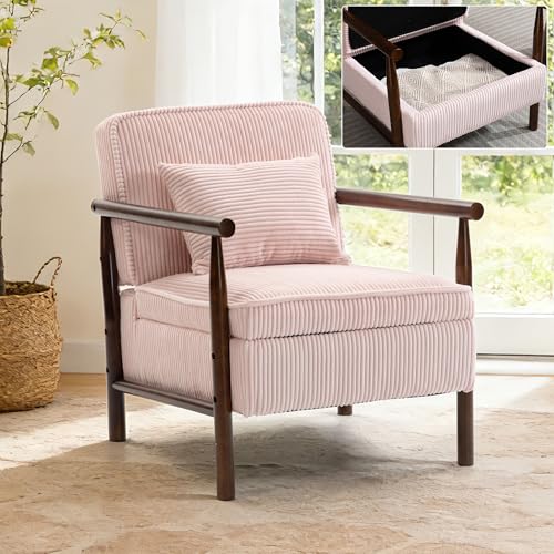Accent Chair, Comfy Modern Lounge Reading Arm Chair with Storage | Corduroy Upholstered Lounge Arm Chair with Solid Wood Reading for Living Room/Office/Balcony/Bedroom-Pink - color: Storage-corduroy-pink
