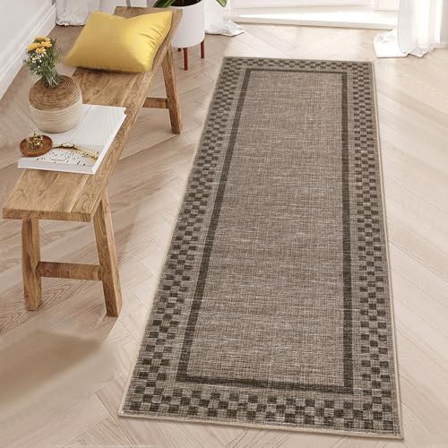 GarveeHome Runner Rug 2x6 for Kitchen Non Slip Washable Hallway Runner Rugs | Modern Bordered Bathroom Throw Mat Soft Non Shedding Checkered Runners Geometric Area Rug for Bedside Living Room, Brown - color: Brown, size: 2' x 6' (Runner)
