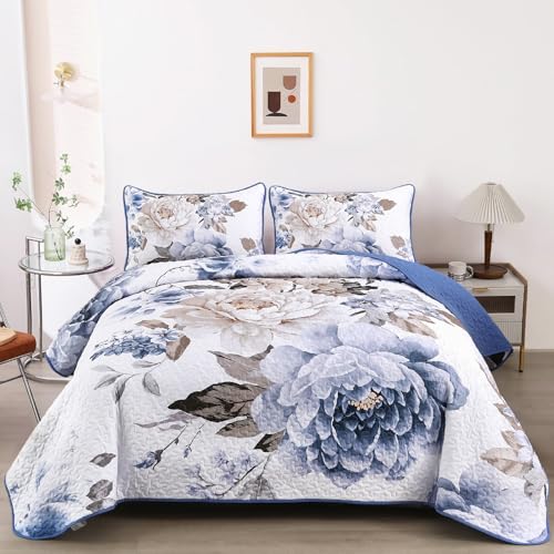 WONGS BEDDING Quilt King Size, 3 Pcs Soft Blue Floral Bedspread Bedding Set | Boho Reversible Botanical Coverlet with 2 Shams, Soft Microfiber Lightweight Bedspread Bedding Set for All Season, 104"x90" - color: Blue, size: King 104"×90"