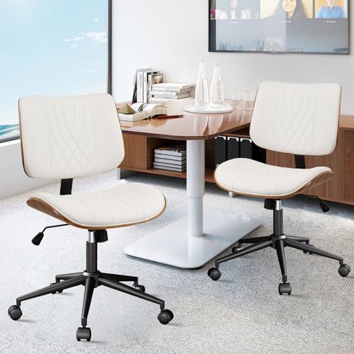 CLATINA Armless Home Office Chair, Desk Chair with Wheels, Adjustable Height Reading Chairs, Leather Mid Back & Swivel Computer Chairs, Modern Walnut with Back for Study Meeting Room(White) 2Pack - color: White Diamond-a, size: 2 Pack