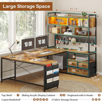 Dnxao 65" Gaming Desk with 3 Drawers and Pegboard, Rustic Brown | Reversible U Shaped Computer Desk with Power Outlets and LED Lights, Storage Shelves Workstation with Pegboard for Gamers - color: Rustic Brown