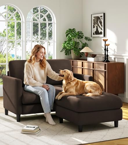Welzona Loveseat Sofa with Ottoman, 51" Small L Shaped Teddy Couch Sofa | Comfy Teddy Fabric, Tool-free Setup, Washable Covers, All-wood Couch Sets for Living Room, Bedroom, Small Spaces, Brown - color: Brown, size: loveseat & ottoman