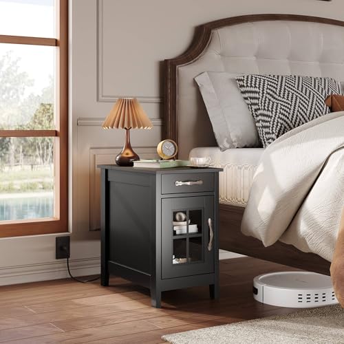 WLIVE End Table with Charging Station, Narrow Side Table for Living Room, Farmhouse Night Stand with Storage, Small Wooden Cabinet Nightstand with USB Ports and Outlets, 23.62" D x 13.78" W x 23.62" H - color: Black