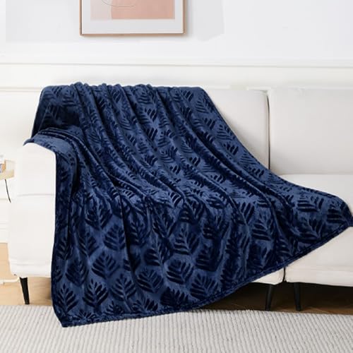 Exclusivo Mezcla Leaves Pattern Blanket Queen Size for Bed, Navy Blue | Soft and Cozy Fleece Blanket All Season Use, Lightweight Plush Fuzzy , Home Decor, 90x90 Inches - color: Navy Blue, size: Queen(90"x90")