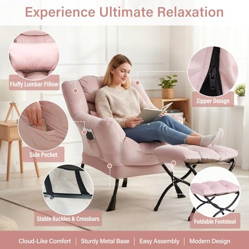 Lazy Chair with Ottoman, Velvet Reading Chair with Pillow，Pink | Comfy Accent Lounge Chair with Pillow & folding Foot Stool, sturdy metal frame for bedroom, dorm or apartment, Living Room - color: Pure Pink