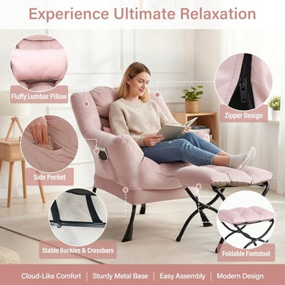 Lazy Chair with Ottoman, Velvet Reading Chair with Pillow，Pink | Comfy Accent Lounge Chair with Pillow & folding Foot Stool, sturdy metal frame for bedroom, dorm or apartment, Living Room - color: Pure Pink