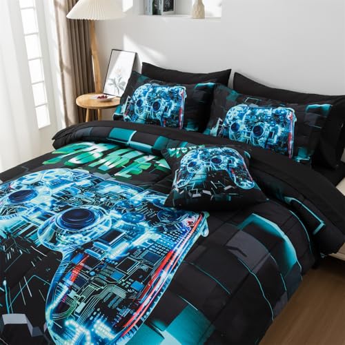 Aimuan Gamer Gaming Bedding Sets 3D Gamepad Comforter Sets for Boys Games Console Action Buttons Novelty Colorful Game Controller Modern Room Decor Home Quilt Set (Cyan, Twin 6PCS) - color: Cyan, size: Twin(6Pcs)