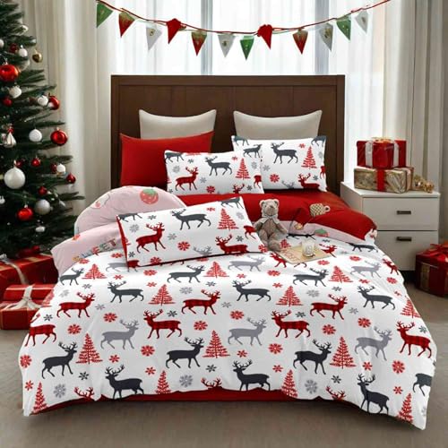 Faincy Queen Comforter Set, White and Red Christmas Tree Elk Deer Snowflake Pattern, Reversible Microfiber Duvet Set, Soft New Year Gift Modern Bedding Set for Women Men Teen, Size 90x90 3PC - color: White and Red Deer Comforter Set, size: Queen